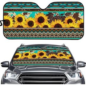 FUSURIRE Green Aztec Sunflower Sun Shade Automotive Windshield Sunshade Floral Front Window Sun Visor Sunshades Windshield Sunshade for Cars, Universal Size 57" x 27"