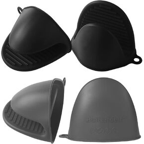4PCS Oven Mitts, Silicone Pot Holders Heat Resistant, Mini Oven Gloves for Kitchen, Thickened Silicone Hot Pads for Cooking & Baking(Black&Grey)