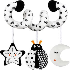 Car Seat Toys for Babies 0-6 Months, Hanging Rattle Toys for Crib Mobile, Baby Spiral Hanging Stroller Black and White High Contrast Baby Toys for Newborn 0 3 6 9 12 Months Baby Boys Girls-Bug