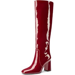 Womens Chunky Block Mid Heel Close Round Toe Knee High Boots Zipper Prom Party Dress Patent Leather 3.2 Inches Heels