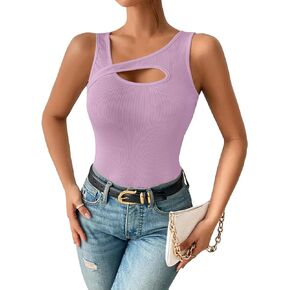 Vrtige Women's Sexy Cut Out Asymmetrical Neck Sleeveless Fitted Tank Top Blouse