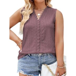 VISLILY Womens-Plus-Size-Summer-Tank-Tops 2024 Cute Lace V Neck T Shirts Casual Sleeveless Blouses Trendy Eyelet Tunics Tee