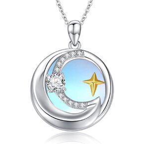 Moon Star Necklace 925 Sterling Silver Moonstone Pendant Necklace for Women Moon Star Jewelry Gift for Girls