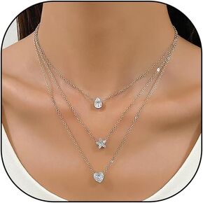 Layered Star Heart Choker Necklace for Girls Trendy Dainty Boho 14k Gold Silver Teardrop Stackable Necklaces Herringbone Cubic Zirconia Necklaces Gift