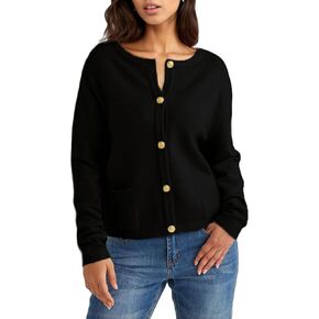 GOLDSTITCH Womens Cardigans Striped Sweaters 2024 Crew Neck Gold Buttons Open Front Button Down Knit with Pockets