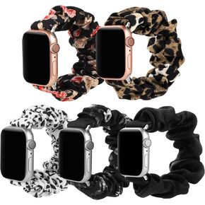 Simpeak 5Pack Elastic Fabric Scrunchie Band Compatible with Apple Watch 45mm 44mm 42mm, Women Girl Strap Replacement for iWatch Series 9 8 7 6 SE 5 4 3, Large, Black/Leopard/Cow/Red Flower/Floral