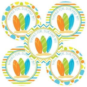 Surfing Boy Thank You Sticker Labels by Adore By Nat - Girl Kids Surf Party Birthday Decoration Favors - Set of 30