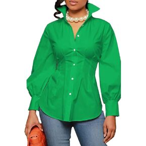 LROSEY Sexy Women’s Button Down Tunic Shirts Plus Size Long Puff Sleeve Peplum Tops Collared Blouses