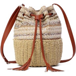 KUANG! Straw Bucket Bag for Women Colorful Summer Woven Beach Bag Handbag for Vacation Shoulder Handbag Beach Tote Bag
