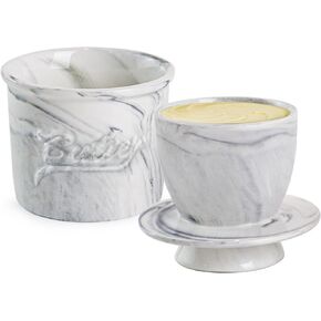 Butter Crock with Lid, The Original French Butter Dish Keeper for Spreadable Butter, Marble Ceramic Butter Crock for Counter with Water Line, Butter Storage, Home & Kitchen Decor