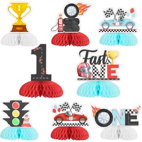 Fast One Birthday Decorations for Boys 8pcs Race Car 1st Birthday Honeycomb Centerpiece Vintage Retro Race Car Centerpiece Table Decorations for Racing Car Birthday Party Supplies