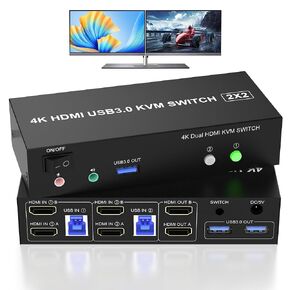 HDMI Dual Monitor KVM Switch 2 Computers 2 Monitors Support 4K 60Hz, EDID Emulators USB 3.0 KVM Switcher for 2 Computers Share Dual Monitors and 3 USB 3.0 Ports with Audio Microphone
