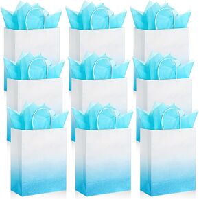 ReliThick 24 Pcs Ombre Blue Gift Bags Bulk with 50 Tissue Paper 9.8 x 7.8 x 4 inch Gradient Blue Glitter Paper Gift Wrap Bags for Wedding Birthday Mother's Day Baby Shower Party Favor