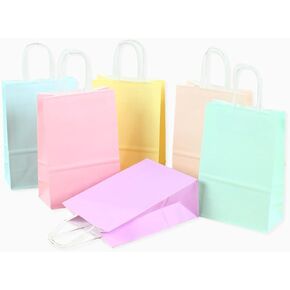 ACKJGGG 24Pcs Party Gift Paper Bags Pastel Portable Candy Bags Birthday Multicolor Treat Kraft Favor Sweet 8.7x6.3x3.2 Goody Bags with Handles for Wedding