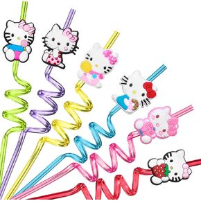 Lidmada 24Pcs Kitty Party Favors Straws with 2 Cleaning Brushes, 6 Designs Reusable Plastic Straws Great for Hello Birthday Cute Kitty Party Supplies