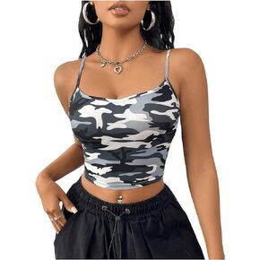GORGLITTER Women's Sleeveless Crew Neck Camo Print Fitted Grapic Crop Cami Summer Tops
