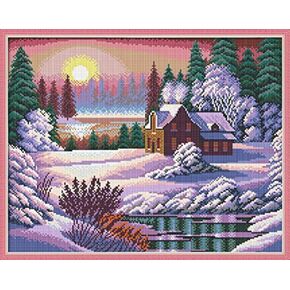 Qeerysew Cross Stitch Kits Stamped Full Range of Embroidery Starter Kits for Beginners DIY -Printed Kits Colorful House by The Water(Printed) 14CT 20.5×17.3 inches