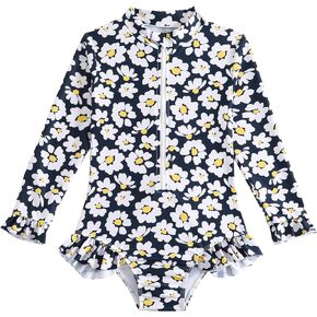 Toddler Girls Rash Guard Swimsuit Long Sleeve One Piece Zipper Ruffle Bathing Suit UPF 50+ Beach Swimwear 2-8Y