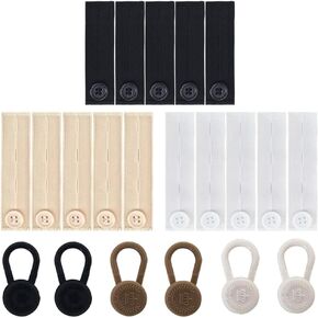SourceTon 15 Pieces Elastic Waist Extenders and 6 Pants Button Extenders, Two Types Strong Adjustable Pants Button Extenders in Black, White and Khaki for Jeans, Trousers and Skirt