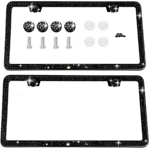 Bling Rhinestone License Plate Frame Sparkly Stainless Steel License Plate Holder Diamond Bedazzled Crystal Car License Plate Cover for Women and Men (2 Pack,White)