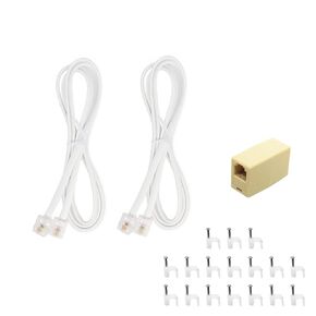 2PCS 10Ft Phone Extension Cord Male to Male Telephone Flat Cord with Standard RJ11 6P4C Plug and 1 in-Line Coupler 50PCS Cable Clamp Holders