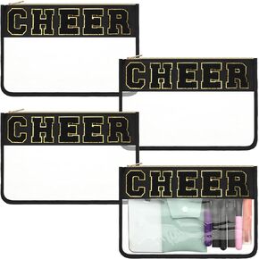 Abbylike 4 Pcs Makeup Bag Clear Makeup Letter Bag Chenille Letter Patch Bag Nylon Makeup Toiletry Pouch with Zipper for Girl Women Gifts (Black,Cheer)