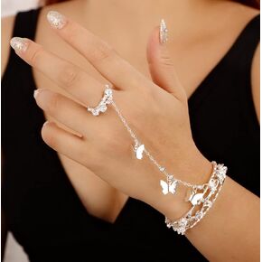 Sither Butterfly Bracelet with Ring for Women Teen Girls Chain Ring Bracelet Hand Harness Chain Bracelet Butterfly Jewelry for Halloween Party Christmas Gift (silver)