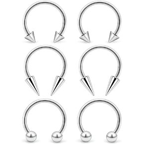 6Pcs Septum Rings 16G Surgical Steel Snake Bite Jewelry Long Spike Horseshoe Lip Rings Smiley Piercing Jewelry for Women Men 8mm 10mm
