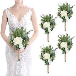Bridesmaids Bouquets Flowers Set of 4 -Artificial Bridesmaid Bouquet Wedding 7 Inch Rustic Small Floral Centerpiece for Marriage Proposal Party Anniversary Dining Table Decor - Green & Dusty Blue