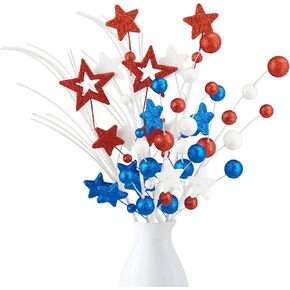 6 Pcs Patriotic Artificial Berry Stem Picks 24'' Faux Glitter Berries Branch for 4th of July Independence Day Festival Party Home Office Decor (White Blue Red)