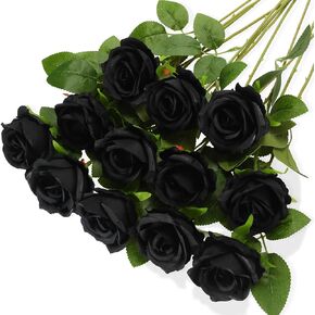 Hotop 12 Pcs Artificial Roses Flowers Realistic Silk Roses Bouquet with Long Stem,Real Touch Roses for Wedding Centerpieces Bridal Shower Party Home Decor(Black)