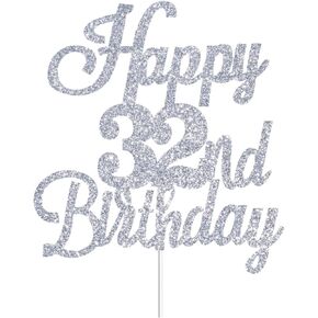 Happy 32nd Birthday Cake Toppers Silver Glitter, Cheers to 32 Years Old Bday Decoration 32nd Anniversary Cake Topper, Thirty-two Theme Cake Decorations for Birthday Anniversary Party