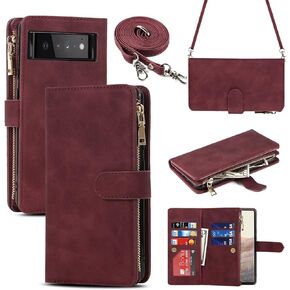 iCoverCase for Google Pixel 6 Wallet Case with Card Holder, Kickstand Feature PU Leather Case with Adjustable Crossbody Lanyard Magnetic Clasp Zipper Pocket Flip Cover (Black)