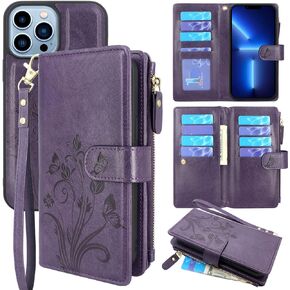 Lacass Compatible with iPhone 13 Pro Max 6.7 inch 2021 Case [Card Slots] ID Credit Cash Holder Zipper Pocket Detachable Magnet Leather Wallet Cover Wrist Strap Lanyard(Floral Sky Blue)