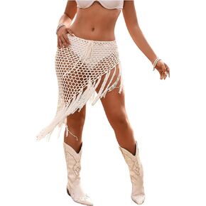 Floerns Women's Boho Hollow Out Asymmetrical Fringed Hem Cover Up Sheer Short Skirts