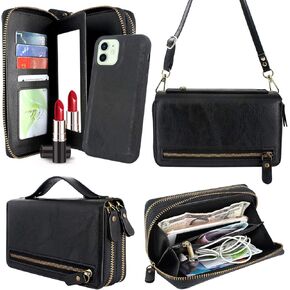 Harryshell Compatible with iPhone 12 / iPhone 12 Pro Case Wallet Multi Zipper Detachable Magnetic Cover Clutch Purse with Card Slots Mirror Crossbody Chain Wrist Strap (Crocodile Skin Black)