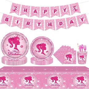 Barbie Pink Party Supplies for 24 Guests - Complete Set with Plates Napkins Cups Straws Tablecloth Dinnerware and Banner | Ideal for Girls' Birthday Party Decorations