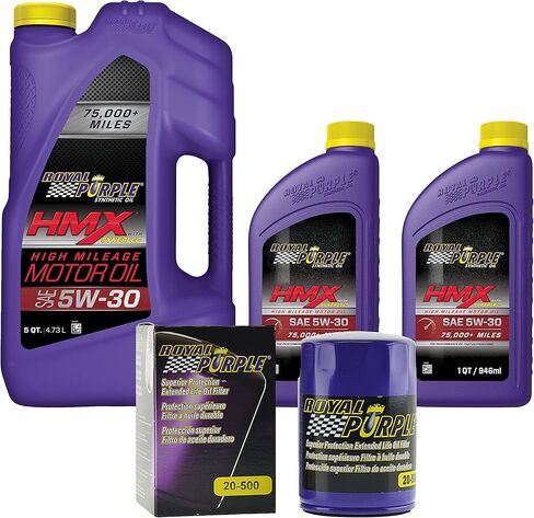 زيت محرك صناعي عالي المسافة من Royal Purple HMX® 5W-30 - 7 كوارتات وفلتر زيت ممتاز ممتد العمر 20-500 in Kuwait