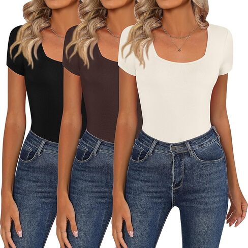3 Pack Women Square Neck Tops, Short Sleeve T Shirts Slim Fit Casual Tunic Tops Solid Color Basic Summer Tee Shirts in Saudi Arabia