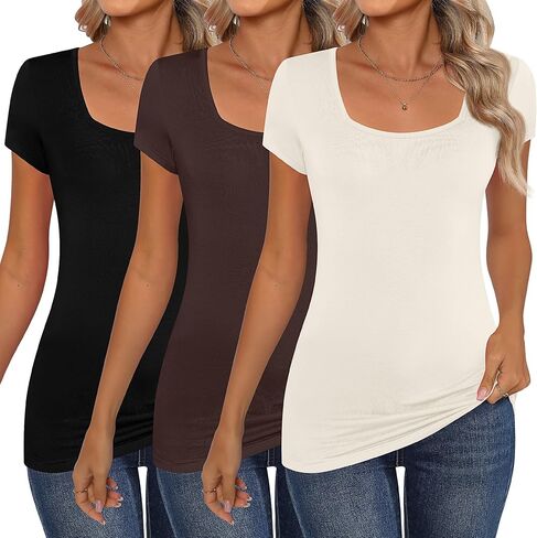 3 Pack Women Square Neck Tops, Short Sleeve T Shirts Slim Fit Casual Tunic Tops Solid Color Basic Summer Tee Shirts in Saudi Arabia