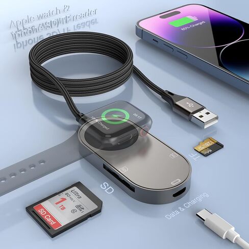 شاحن ساعة ابل 4 في 1 + قارئ بطاقة SD/TF لهواتف iPhone/iPad، كابل شاحن مغناطيسي محمول iWatch بطول 4FT لسلسلة الساعات SE/8/7/6/5/4/3/2/1 مع SD/Micro SD فتحة ومنفذ USB C لجهاز OTG iPhone/ipad in Saudi Arabia