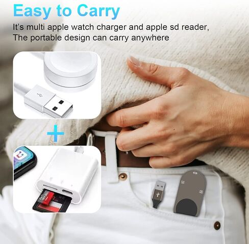 شاحن ساعة ابل 4 في 1 + قارئ بطاقة SD/TF لهواتف iPhone/iPad، كابل شاحن مغناطيسي محمول iWatch بطول 4FT لسلسلة الساعات SE/8/7/6/5/4/3/2/1 مع SD/Micro SD فتحة ومنفذ USB C لجهاز OTG iPhone/ipad in Saudi Arabia