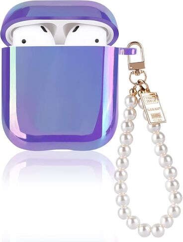 Glitter Laser Case for AirPods 2/1 with Pearl Wrist Bracelet Chain Keychain Soft TPU Protective Case for Women Girls Kids Cover Compatible with AirPod 2nd &1st Gen -Lilac Purple in Saudi Arabia