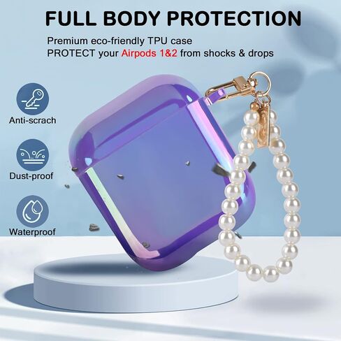 Glitter Laser Case for AirPods 2/1 with Pearl Wrist Bracelet Chain Keychain Soft TPU Protective Case for Women Girls Kids Cover Compatible with AirPod 2nd &1st Gen -Lilac Purple in Saudi Arabia