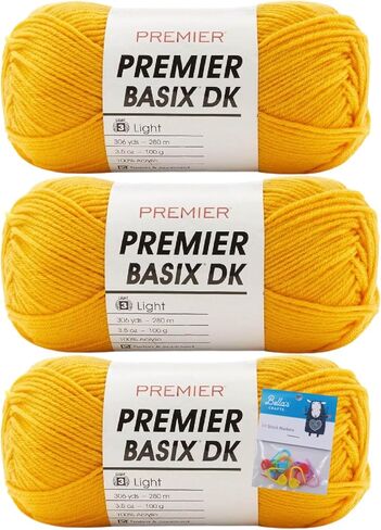 خيوط Premier Yarns Basix DK - 3.5 أونصة - #3 وزن خفيف/DK - حزمة من 3 قطع مع أقلام تحديد الغرز من Bella's Crafts (أرجواني) in Kuwait