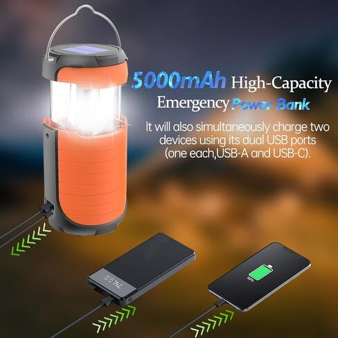 Solar Camping Lantern, 5000mAh Rechargeable Battery Operated Collapsible LED Hurricane Tent Lanterns, Hand Crank/USB-C Powered, Waterproof Emergency Survival Light, Power Outage & Outdoor in Kuwait