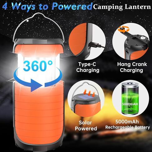 Solar Camping Lantern, 5000mAh Rechargeable Battery Operated Collapsible LED Hurricane Tent Lanterns, Hand Crank/USB-C Powered, Waterproof Emergency Survival Light, Power Outage & Outdoor in Kuwait