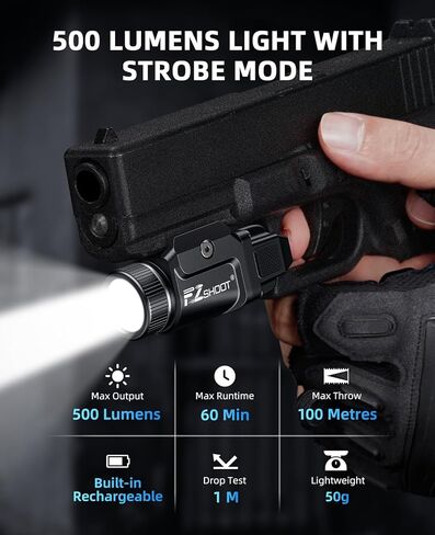 مصباح مسدس EZshoot 500 لومن قابل لإعادة الشحن، مصباح يدوي مسدس مدمج مع وضع ستروب لقضبان Picatinny وGL، ضوء مسدس صغير للدفاع عن المنزل والصيد in Kuwait