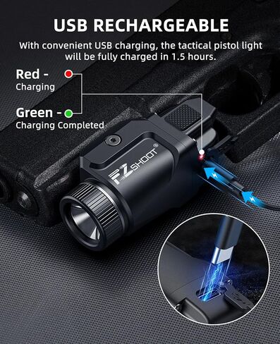 مصباح مسدس EZshoot 500 لومن قابل لإعادة الشحن، مصباح يدوي مسدس مدمج مع وضع ستروب لقضبان Picatinny وGL، ضوء مسدس صغير للدفاع عن المنزل والصيد in Kuwait