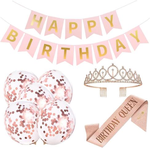 Happy Birthday Party Decorations Kids Girls Birthday Crown Rhinestone Bridal Tiara and Birthday Queen Sash,Happy Birthday Banner Rose Golden Balloons Set Birthday Gifts for Wommen Her-21Pieces in Saudi Arabia
